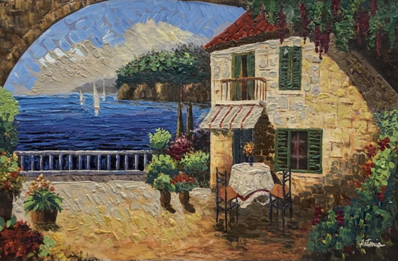 Mixed Media Painting on Retouched Canvas, Antonio Wallis 60x90cm, Seascape, Coastline in Frame (photo 2 of 6)