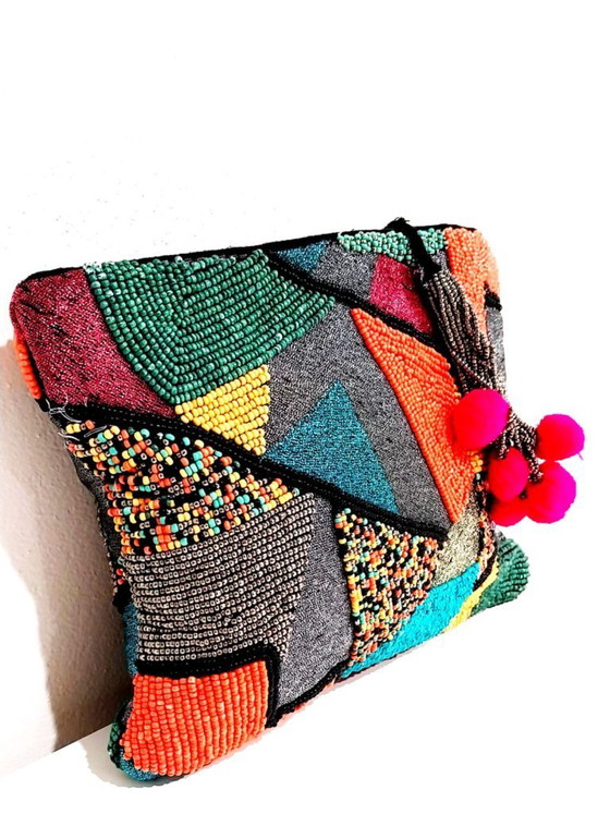 Image 1 of Handmade Beaded Clutch – Colorful Boho Purse with Tassels – Unique Evening BagJulklapp,Christmasgift