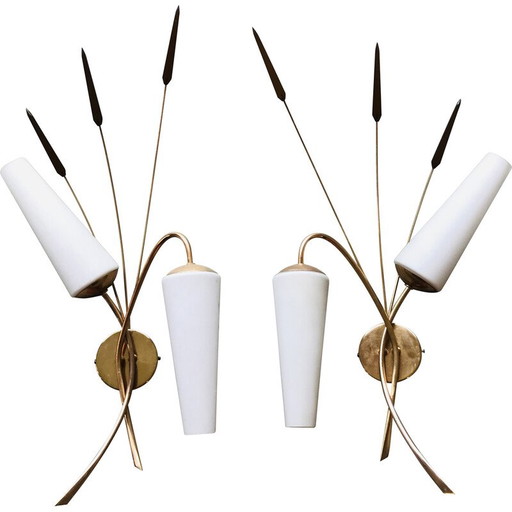 Pair of vintage brass sconces with opaline globes, 1950