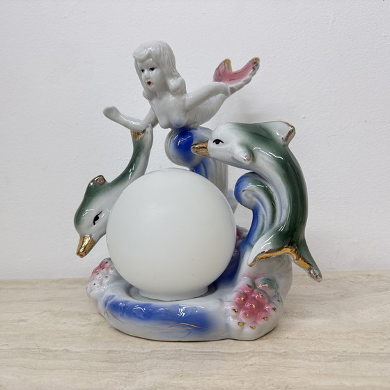 Image 1 of Vintage keramieken tafellamp met zeemeermin en dolfijnen, jaren 1980