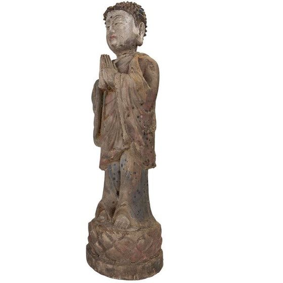 Statue de Bouddha chinoise en bois avec polychromie originale et restes de dorure. – Sculptures, Wood (photo 8 of 17)