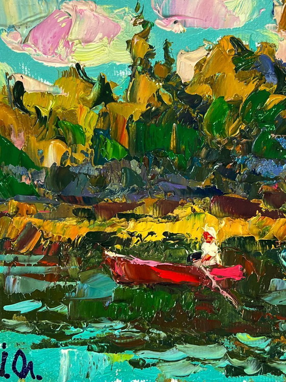 Image 1 of Peinture à l'huile originale représentant un paysage naturel en forêt d'été, sur des bateaux le long de la rivière
