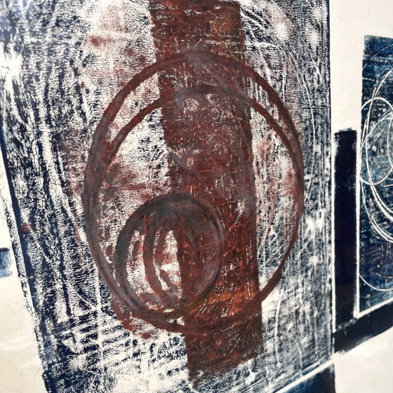Image 1 of Abstrakter Druck in Burgunderrot und Blau, Mid-Century Modern, signiert