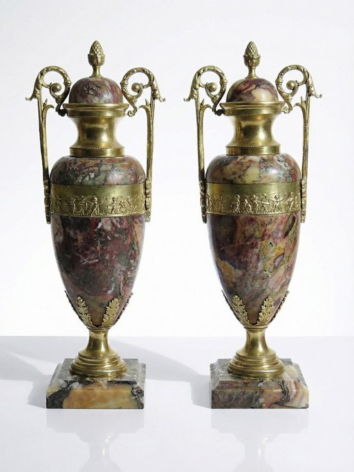 Pair of cassolettes in breccia marble and gilt bronze, Napoleon III 19th century