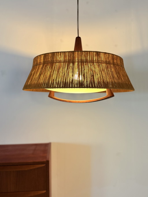 Vintage teak & sisal hanging lamp, Temde Leuchten '60