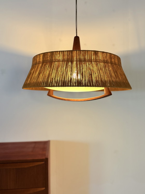 Image 1 of Lampada a sospensione vintage in teak e sisal, Temde Leuchten '60