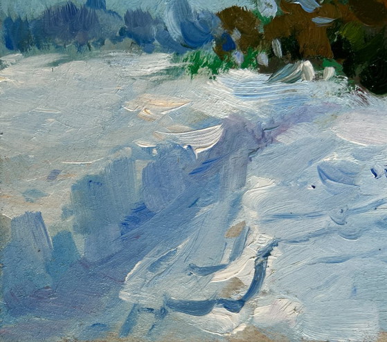 Image 1 of Original Oil Painting Snow Forest Landscape House in the Snow