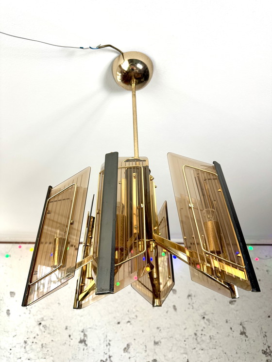 Image 1 of Massive Vintage Design Brass Chandelier With Etched Glass