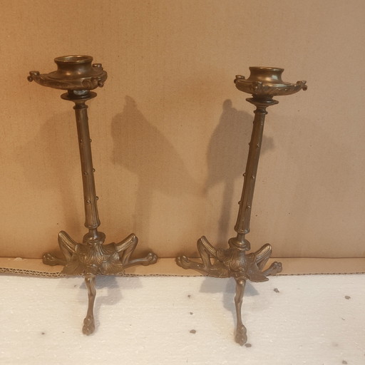 Een paar bronzen kandelaars versierd met 3 voeten en bamboe, periode Napoleon III - 19e eeuw