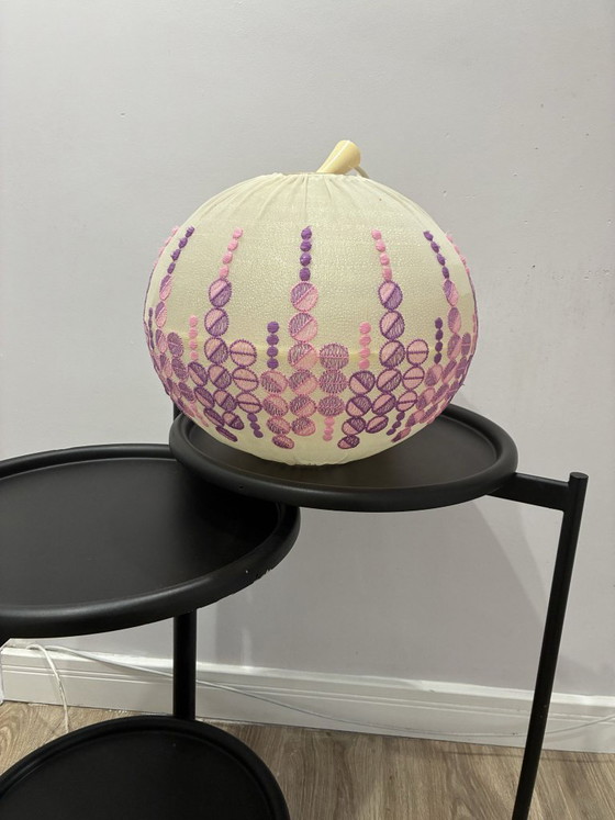 Høyrup Plast Danish pendant lamp, embroidered floral shade, 1960s, Textile, Plastic, Pink (photo 5 of 7)