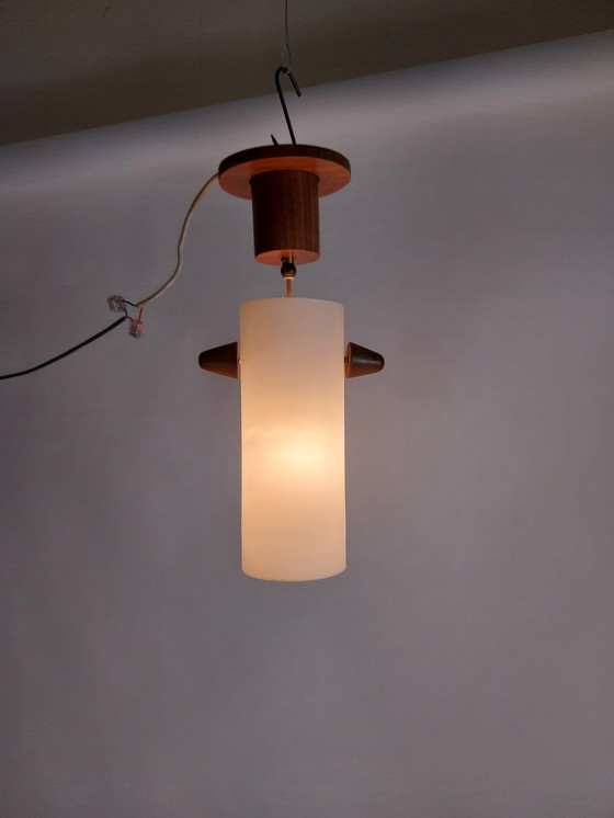 Image 1 of 1 x glas en teak hanglamp in Scandinavische stijl 1960's
