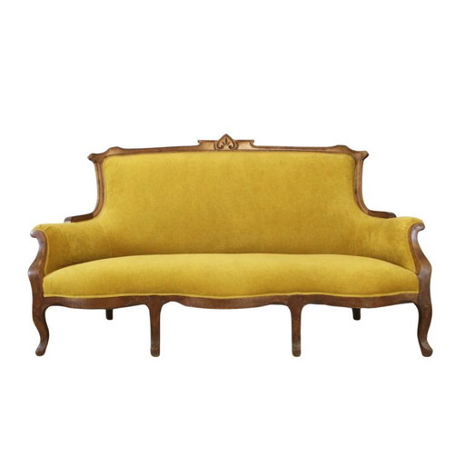 Sofa im Jugendstil aus Walnussholz und senffarbenem Samt