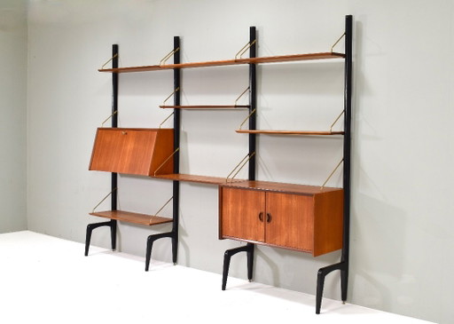 Louis Van Teeffelen Wandregal aus Teak und Messing für WEBE, Niederlande – um 1950 – wandkast, Wood, Vintage (photo 2 of 10)