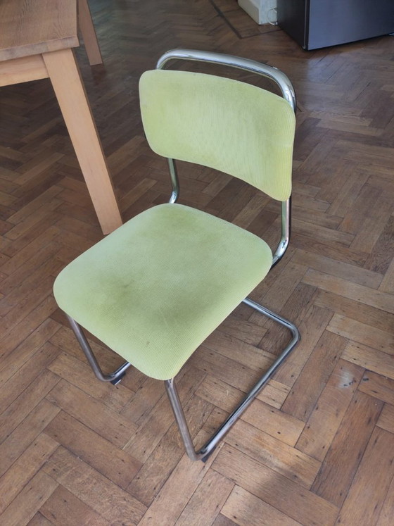 Image 1 of Set van 6 Dutch Originals Gispen Buisframe Eetkamerstoelen (zwart, groen, grijs/blauw)