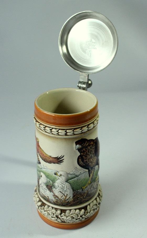 Image 1 of Original Gerz Chope à bière Faïence Avec couvercle en étain Aigle dans un motif de montagne, vintage