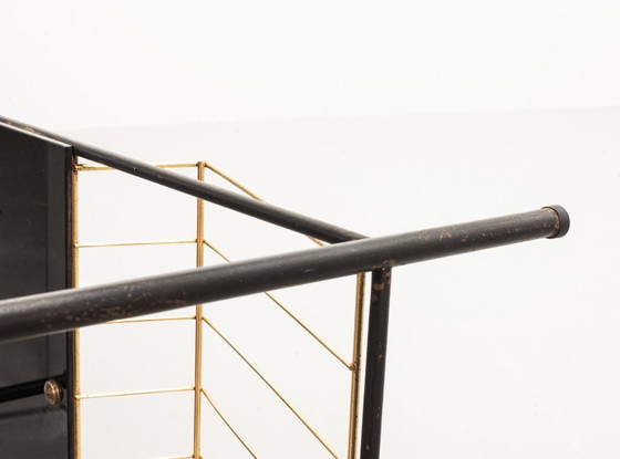 Image 1 of Mid-Century Pierre Guariche Glass Coffee / Side Table for Airborne in Black Steel with Brass Magazine Holder. France, 1950s. 