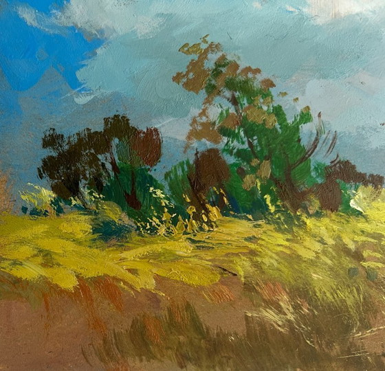 Image 1 of Dipinto ad olio originale, paesaggio estivo con campo fiorito e coppia in un campo di fiori.