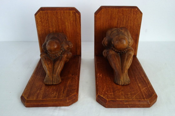 Image 1 of Vintage wooden bookends, weeping Buddha