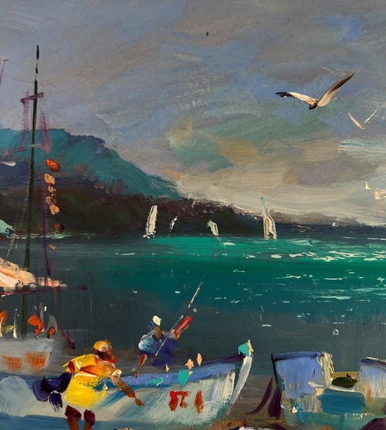 Image 1 of Original Oil Painting Summer Coastal Landscape Fishermen under the light of the sea