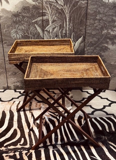 2 FOLDING BIRMA RATTAN SIDE TABLES STYLE BUTLERTRAY FLAMANT