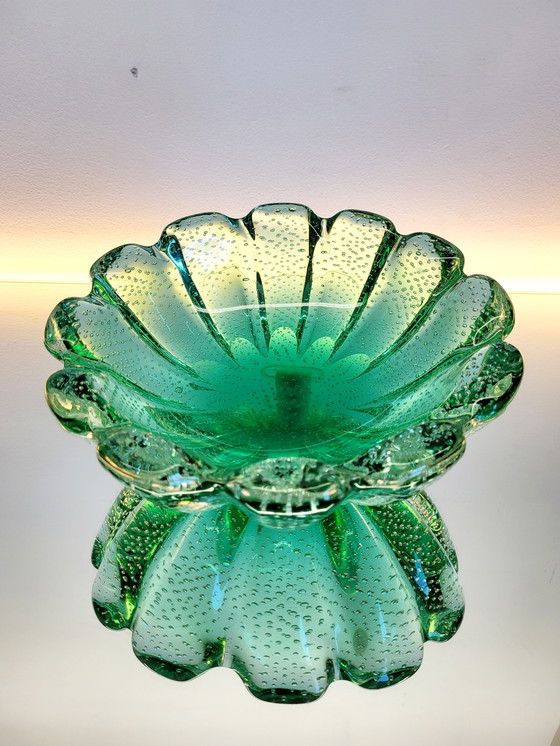 Image 1 of Bol vintage vert de Murano, technique du bubble splash, Italie, années 1970