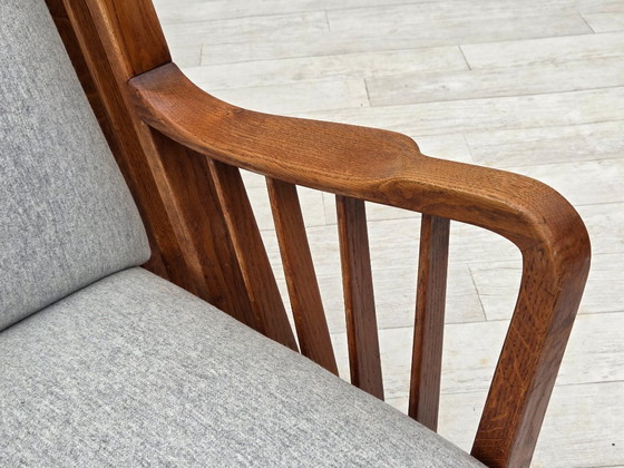 Image 1 of 1950s, Scandinavian 2-seater sofa, reupholstered, furniture wool, oak.