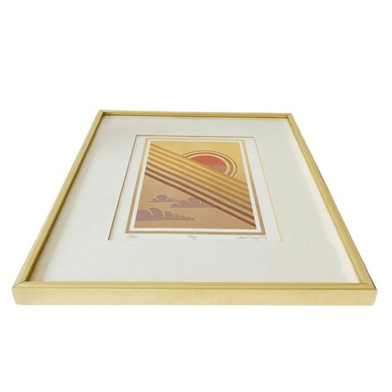 Image 1 of Vintage mid-century modern framed signed Ian W. King art print "Rays" 1974