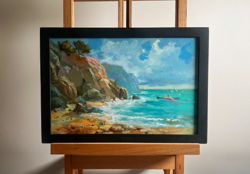 Peinture à l'huile originale représentant un paysage marin côtier. Navigation vers le rivage en bateau.