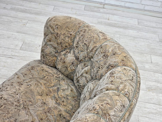 Image 1 of Anni '70, divano danese a 3 posti curvo, tessuto originale multicolore, legno di faggio.