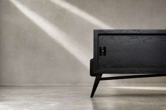 Image 1 of Vintage Mid-Century Modern Scandinavian Dark Oak Sideboard with Wooden & Metal Handles, 1960s