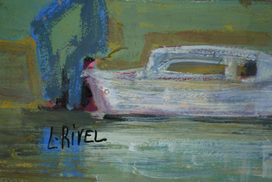Image 1 of Lucie RIVEL, Boat moored on the canal. Framed gouache.