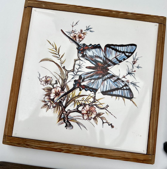 Image 1 of Four framed ceramic tiles – Delft/Makkum style – Hand-painted – Netherlands, 20th century