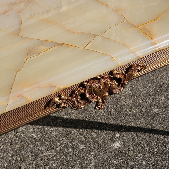 Image 1 of French WHITE Onyx Marble Brass Coffee Table - Style Louis XV 60s