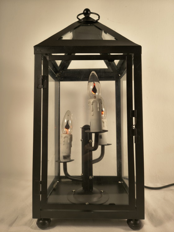 Image 1 of Klassische Laternen-Tischleuchte mit 3 Kerzenfassungen – schwarzes Metall und Glas