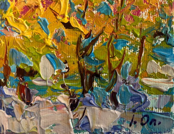 Image 1 of Original Oil Painting Autumn City Landscape Autumn city alley