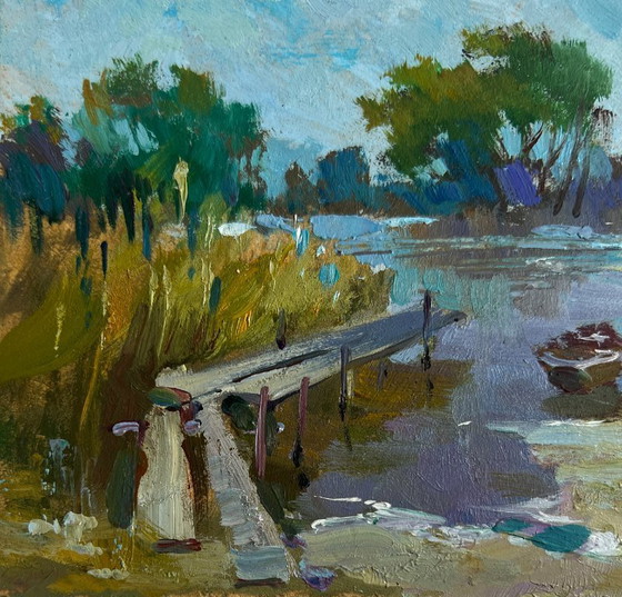 Image 1 of Origineel olieverfschilderij: Zomers rivierlandschap na een lange dag in de natuur.