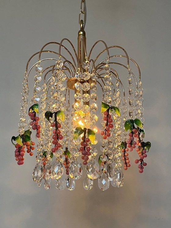 Image 1 of Vintage Pink Grapes Fruit Teardrop Chandelier From Murano
