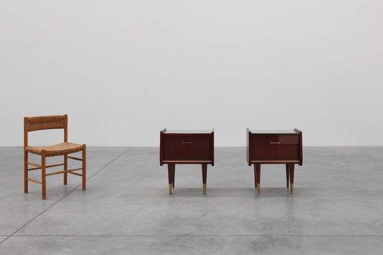 Image 1 of Paar vintage nachtkastjes in houtfineer, België 1950