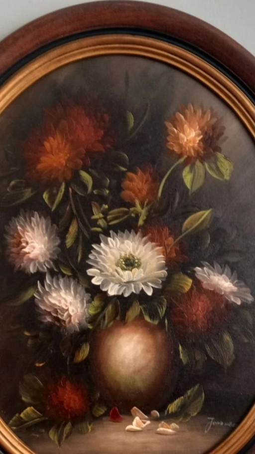 Stilleven met Chrysanten – Impasto Olie, Ovale Lijst