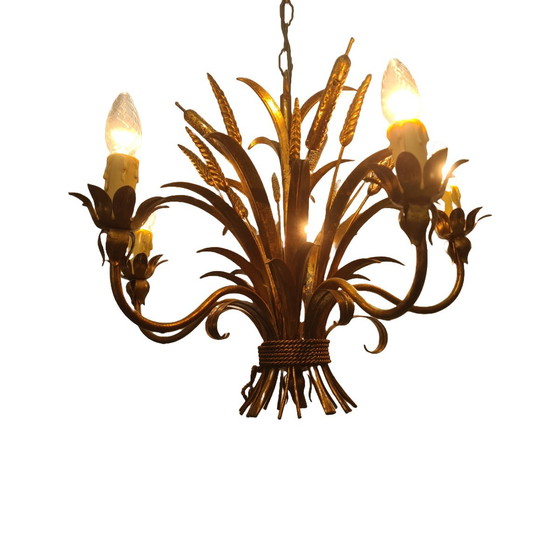 Image 1 of Lampadario vintage placcato oro con spighe di grano e tifa, anni '60