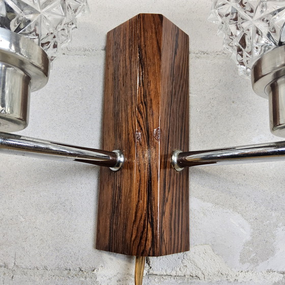 Image 1 of Vintage Danish teak double wall lamp crystal shade 60s wall mounted lights crystal