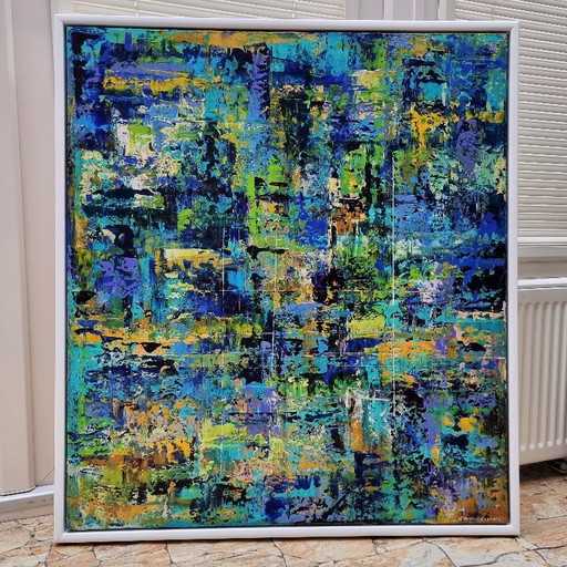 Frances Eckhardt - 80x90 cm pintura abstracta pintada a mano, arte moderno colorido azul verde amarillo