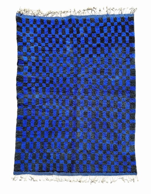 Handmade Moroccan Rug – Black & Blue Checkered Wool Carpet | Geometric Checkerboard Area Rug | Boho Vintage Style Home Decor
