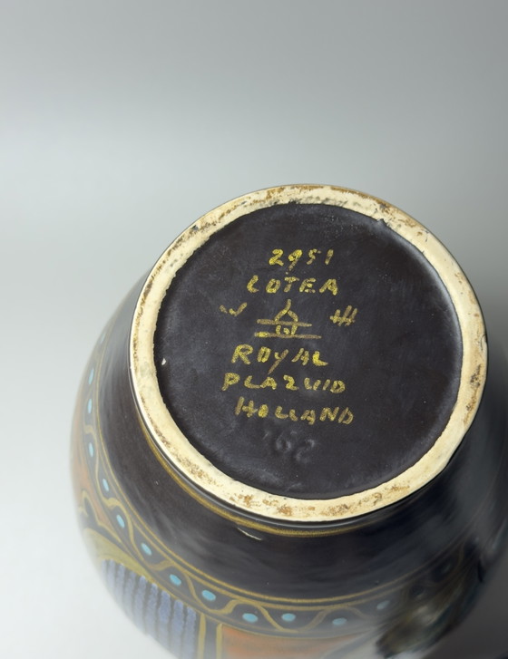 Image 1 of Royal Plateel Zuid-Holland “Lotea” Hand-Painted Lidded Vase
Gouda, The Netherlands, circa 1920s–1930s