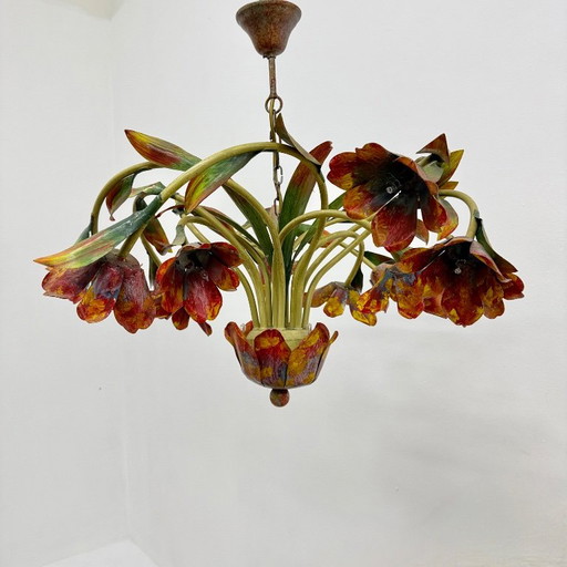 Floral Chandelier, multicolored metal tulips