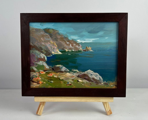 Original Oil Painting Coastal Rock Landscape Sea breeze on the shore