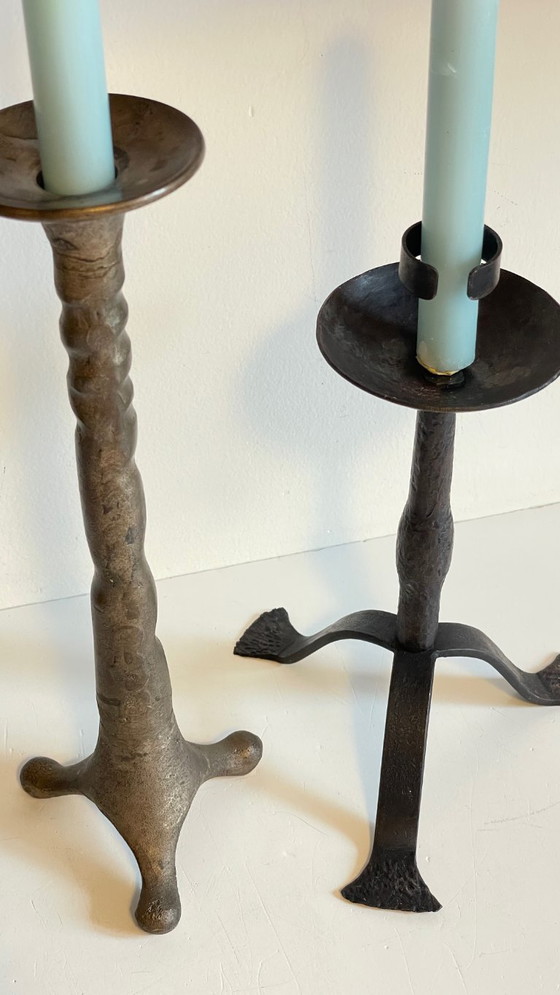 Image 1 of Een paar brutalistische vintage stalen kandelaars