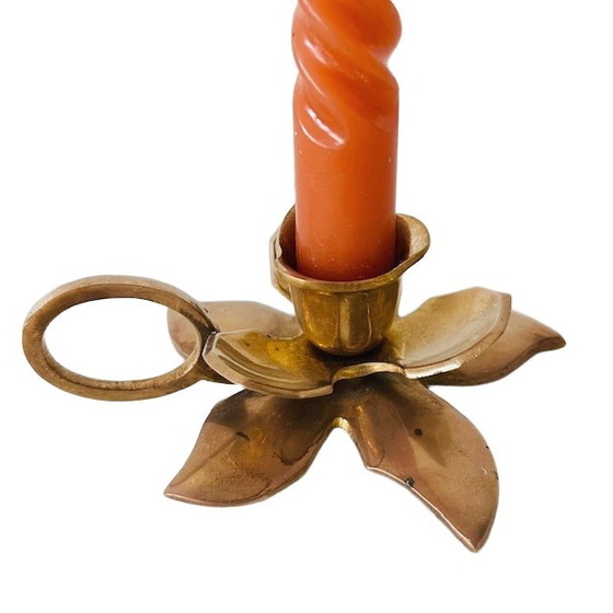 Image 1 of Vintage Brass flower candlestick with handle 1960's