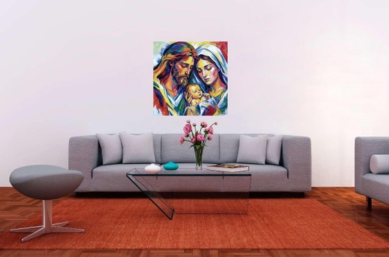 Image 1 of Jesús, María y José / Pintura al óleo impresionista de gran formato (80x80 cm)
