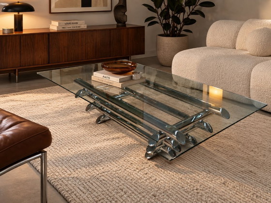 1970s Chrome & Glass Coffee Table – Attributed to Paul Mayén – paul mayen, Salontafels (photo 2 of 8)